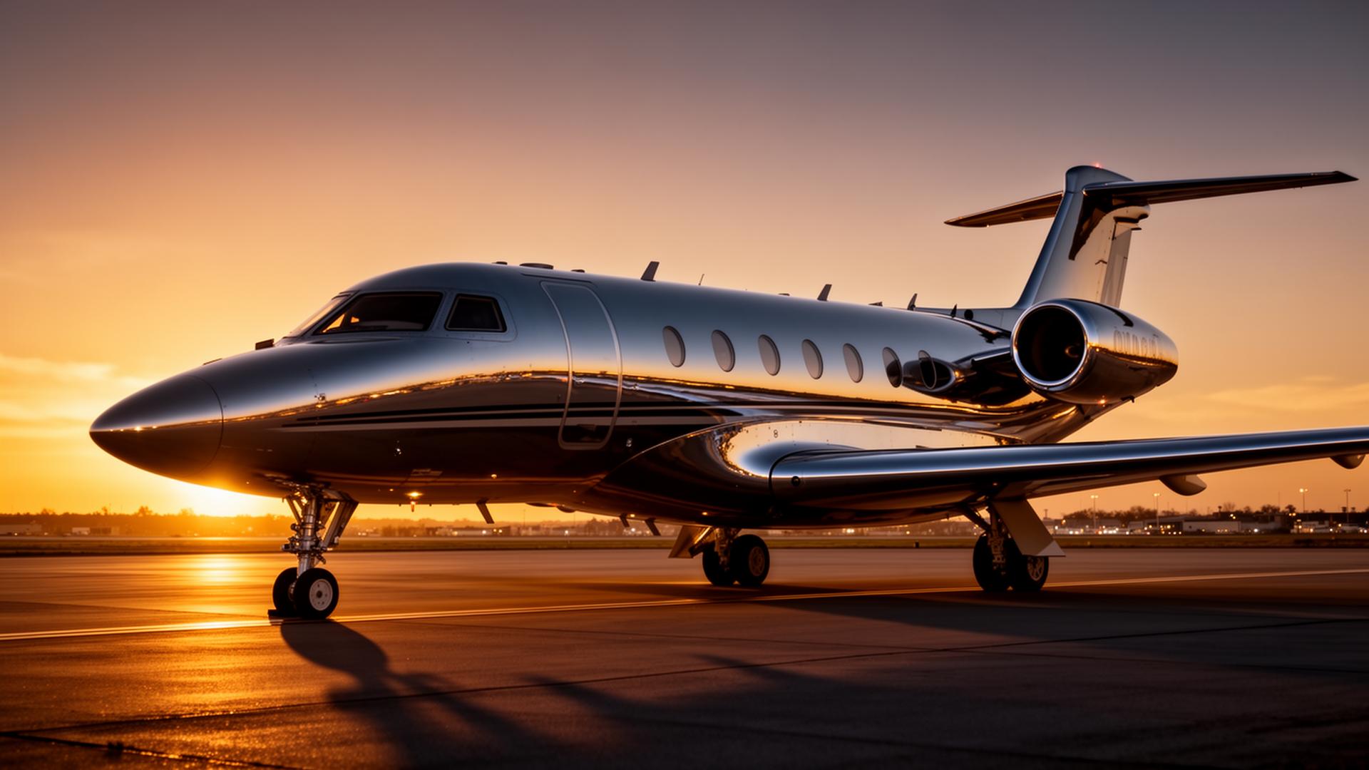 Luxury private jet on the tarmac at golden hour