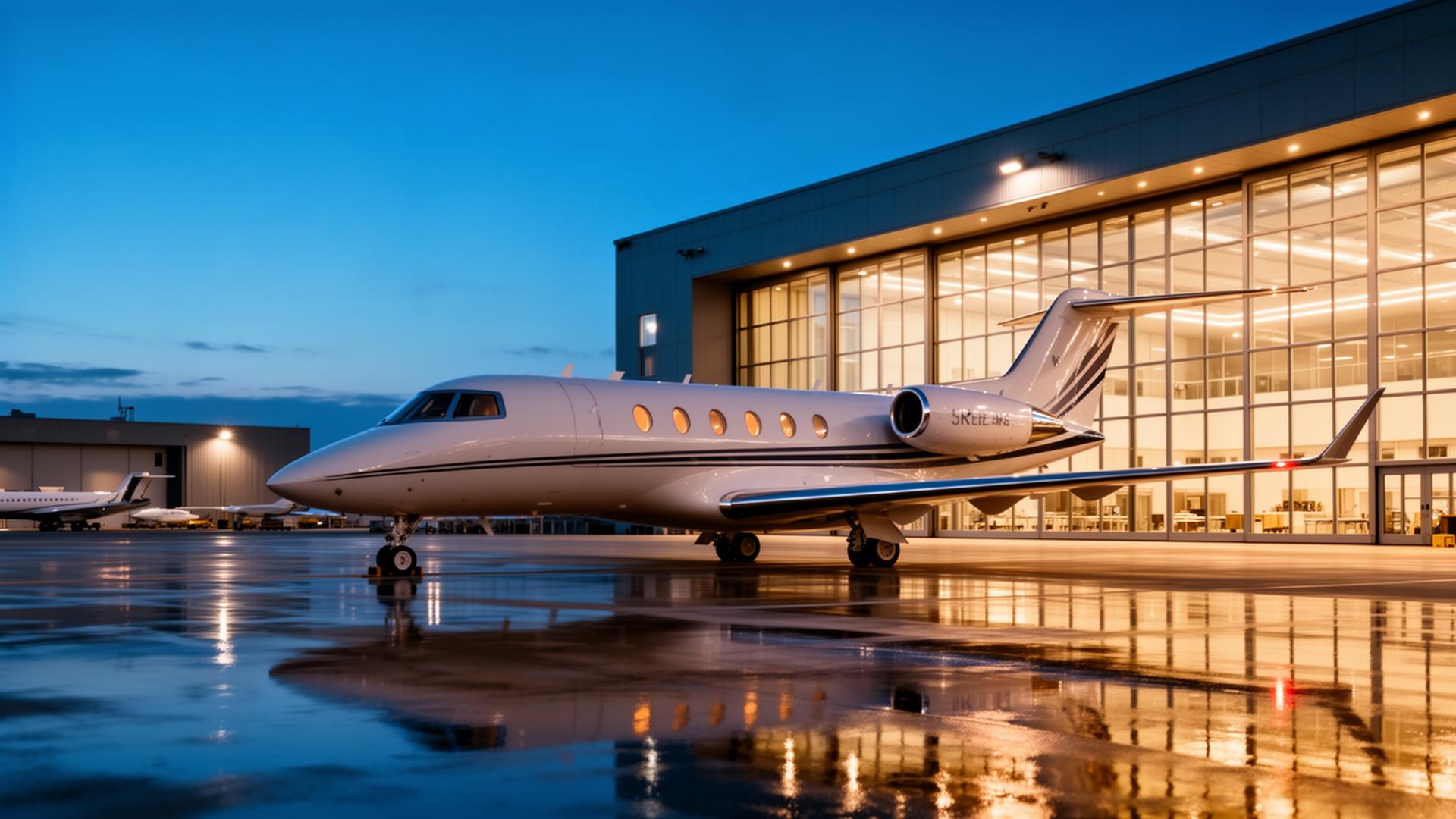 Executive private jet on a luxury FBO tarmac at blue hour