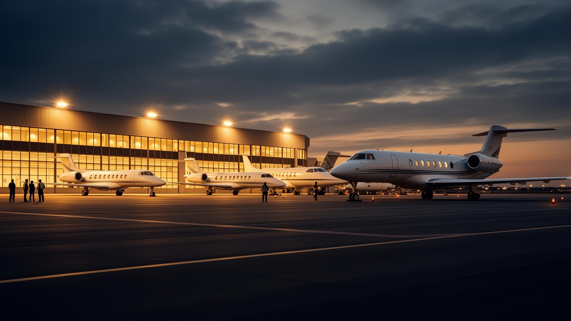 Fleet of luxury private jets at an executive aviation terminal at dusk