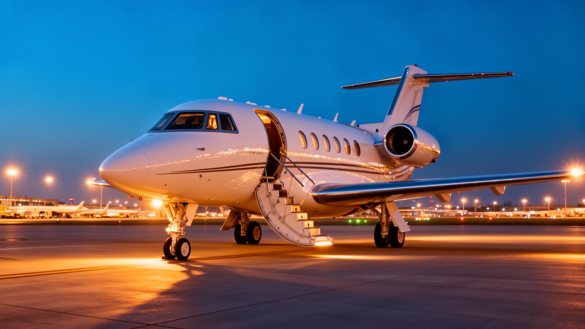 Private jet on the tarmac at twilight, ready for departure